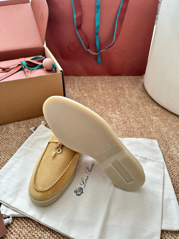 Loro Piana Charms Walk Flat Mules Saffron Tea Suede 623559