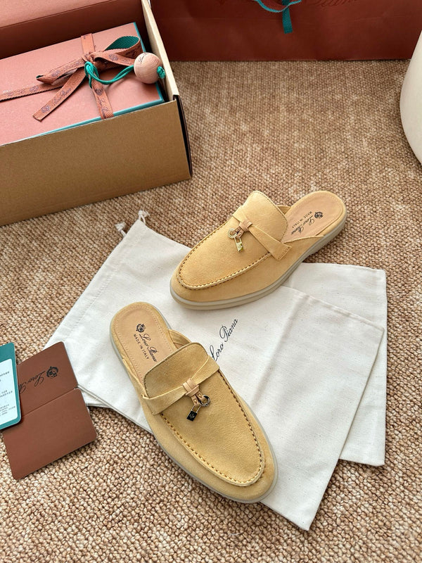Loro Piana Charms Walk Flat Mules Saffron Tea Suede 623559
