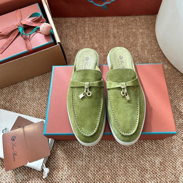 Loro Piana Charms Walk Flat Mules Olive Green Suede 623441