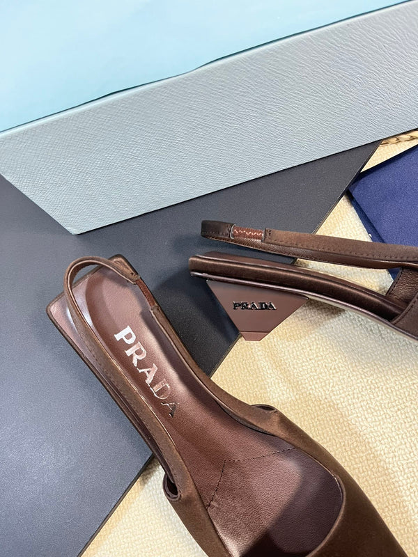 PRA SQUARE TOE SLINGBACK PUMPS CHOCOLATE SATIN