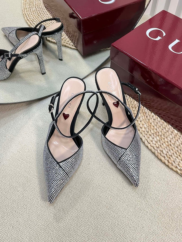 GC Crystal-Embellished Slingbacks Black Silk Sheepskin 294611
