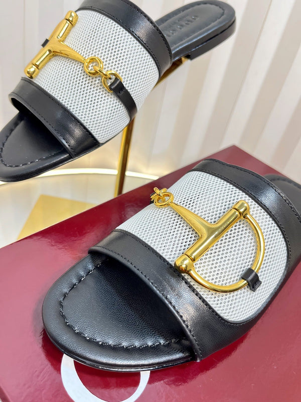 GC 25 Horsebit GG Sandals Black Canvas Sheepskin 294664