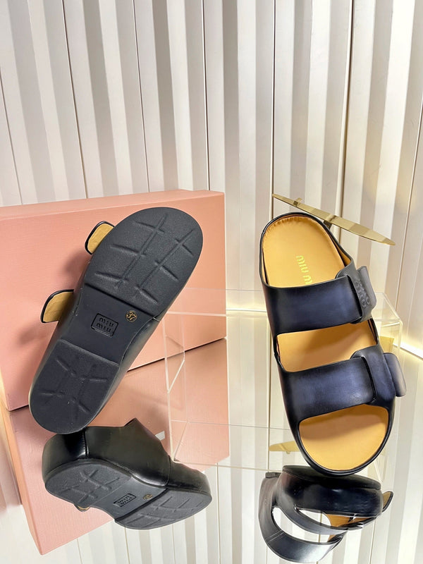 Miu 26s Double-Strap Slides In Black Calfskin