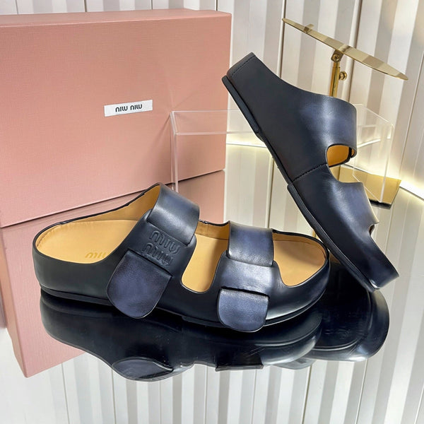 Miu 26s Double-Strap Slides In Black Calfskin