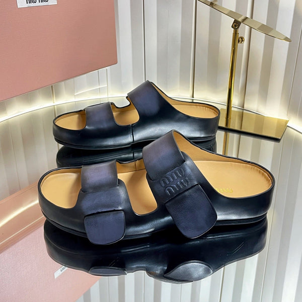 Miu 26s Double-Strap Slides In Black Calfskin