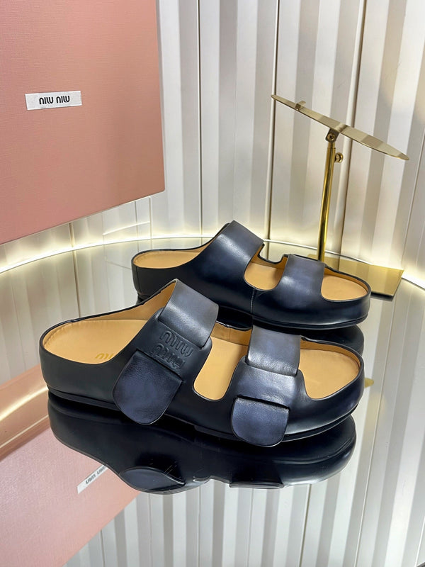 Miu 26s Double-Strap Slides In Black Calfskin