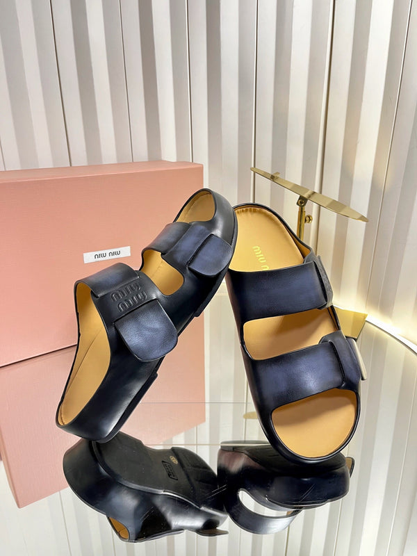 Miu 26s Double-Strap Slides In Black Calfskin