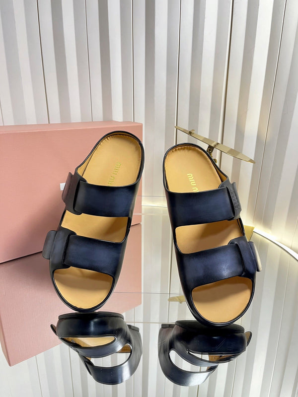 Miu 26s Double-Strap Slides In Black Calfskin