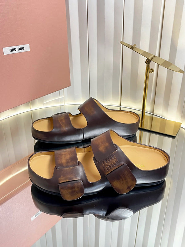 Miu 26s Double-Strap Slides In Caramel Brown Calfskin