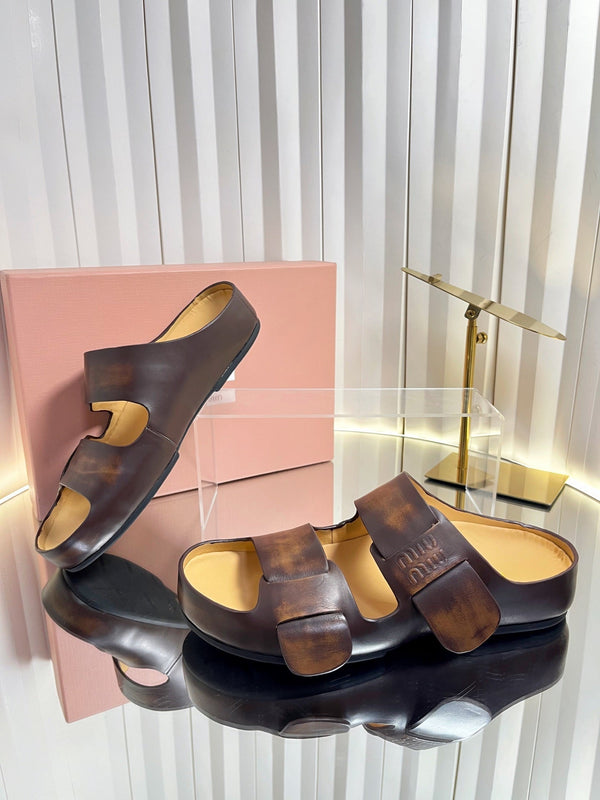 Miu 26s Double-Strap Slides In Caramel Brown Calfskin