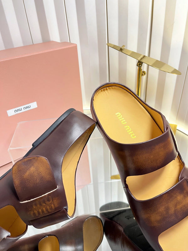 Miu 26s Double-Strap Slides In Caramel Brown Calfskin