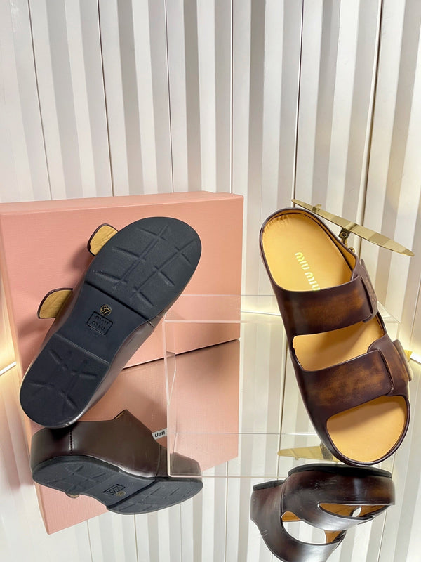 Miu 26s Double-Strap Slides In Caramel Brown Calfskin