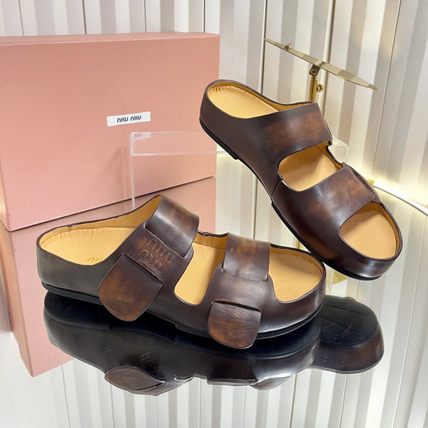 Miu 26s Double-Strap Slides In Caramel Brown Calfskin