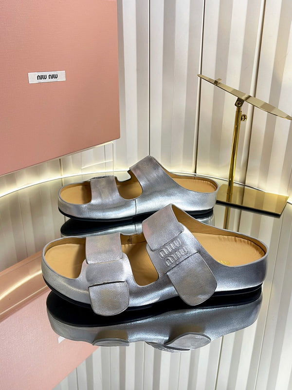 Miu 26s Double-Strap Slides In Sliver Calfskin