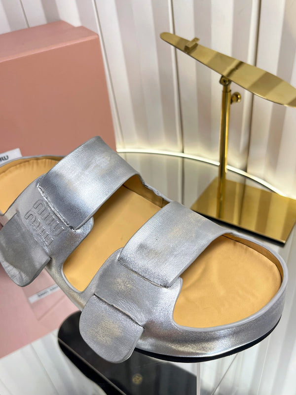 Miu 26s Double-Strap Slides In Sliver Calfskin