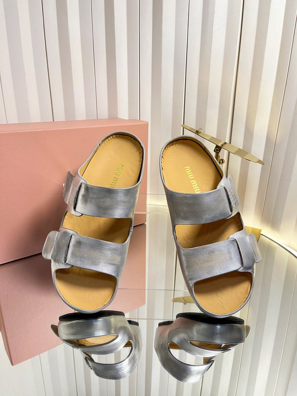Miu 26s Double-Strap Slides In Sliver Calfskin