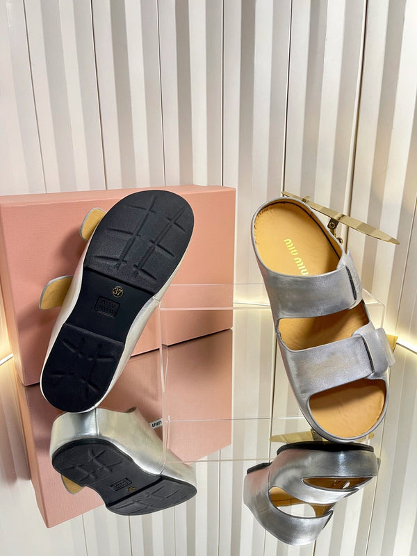 Miu 26s Double-Strap Slides In Sliver Calfskin