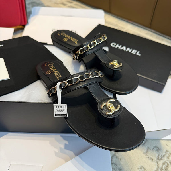 CC 25SS Thong Sandal 2cm Leather Chain Black Lambskin 319700
