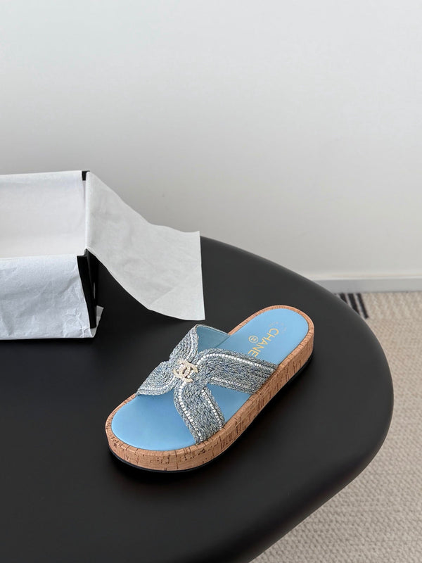 CC 26s Sandals Blue Raffia Sheepskin 670372