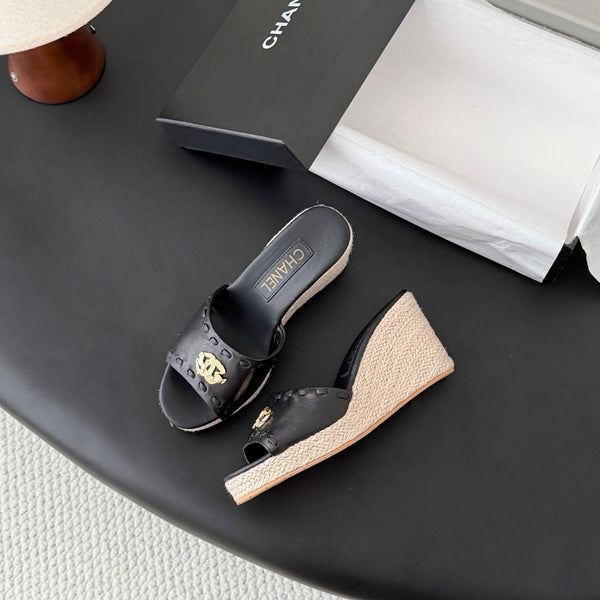 CC Wedge Espadrille Slides 10cm Black Sheepskin 776107