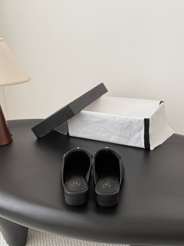CC Half-Slippers Flat Black Calfskin 717815