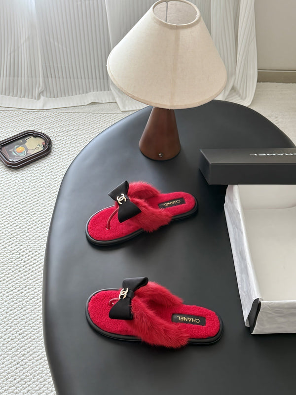 CC 26s Bowknot Thong Sandals Red Furry Shearing 969674