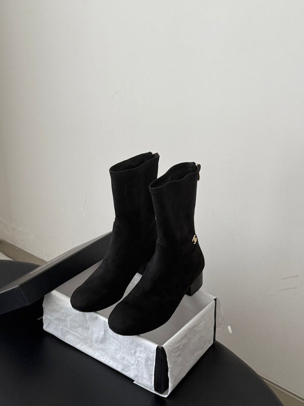 CC 26s Chunky Heel Elastic Short Boots 5cm Black Suede 969716