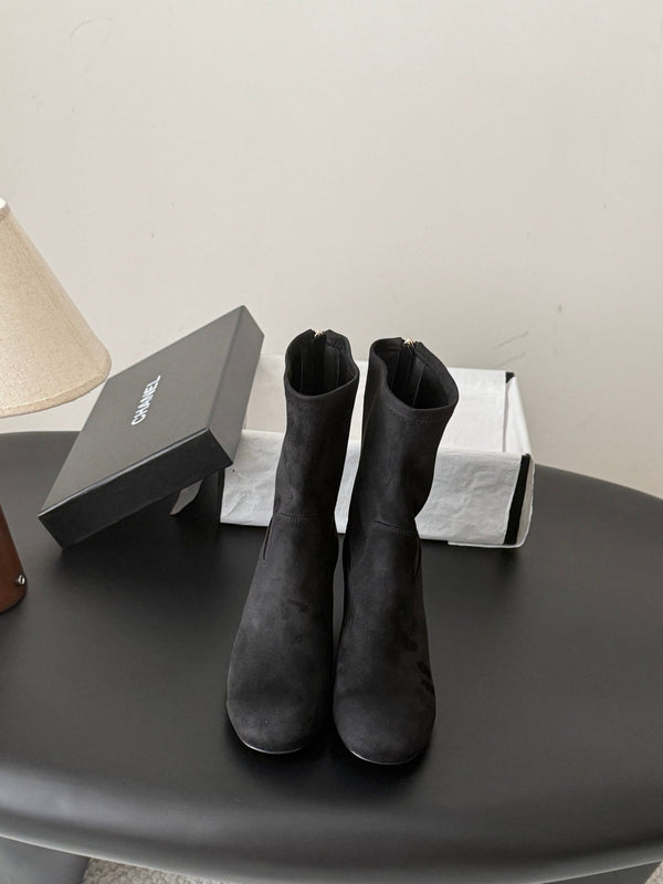 CC 26s Chunky Heel Elastic Short Boots 5cm Black Suede 969716