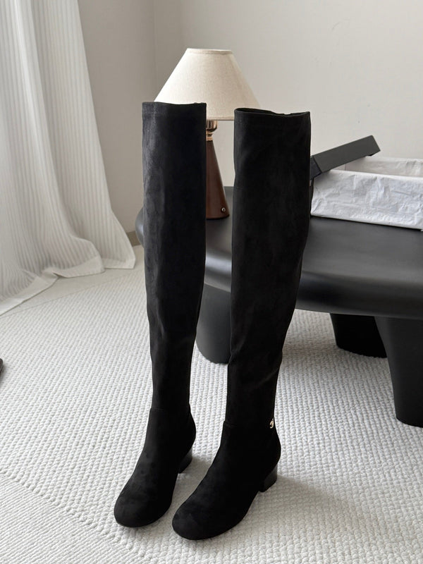 CC 26s Chunky Heel Elastic Boots 5cm Black Suede 969720