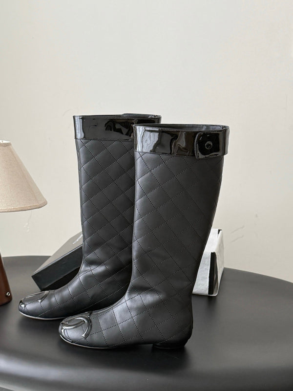 CC 26s Cambon Quilted Tall Flat Boots Black Calfskin 969723