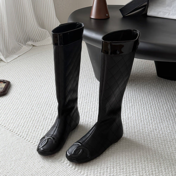 CC 26s Cambon Quilted Tall Flat Boots Black Calfskin 969723