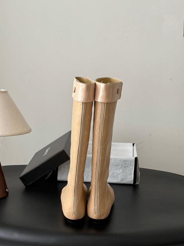 CC 26s Cambon Quilted Tall Flat Boots Beige Calfskin 969724
