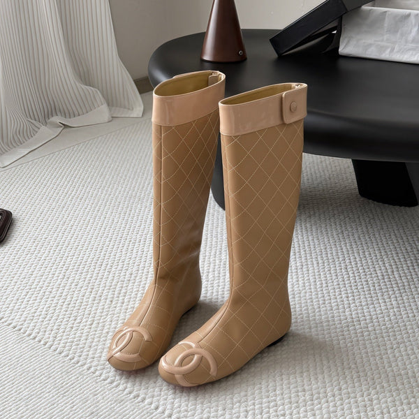 CC 26s Cambon Quilted Tall Flat Boots Beige Calfskin 969724