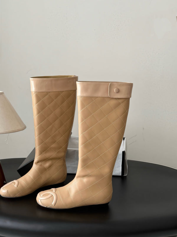 CC 26s Cambon Quilted Tall Flat Boots Beige Calfskin 969724