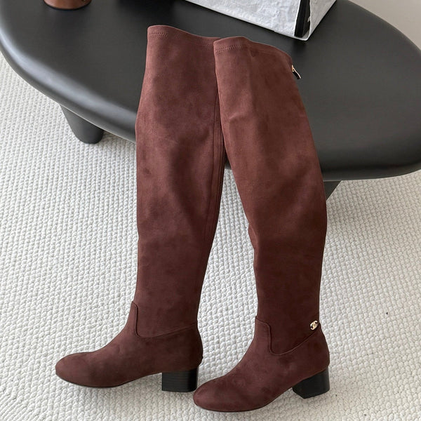 CC 26s Chunky Heel Elastic Boots 5cm Coffee Suede 969722
