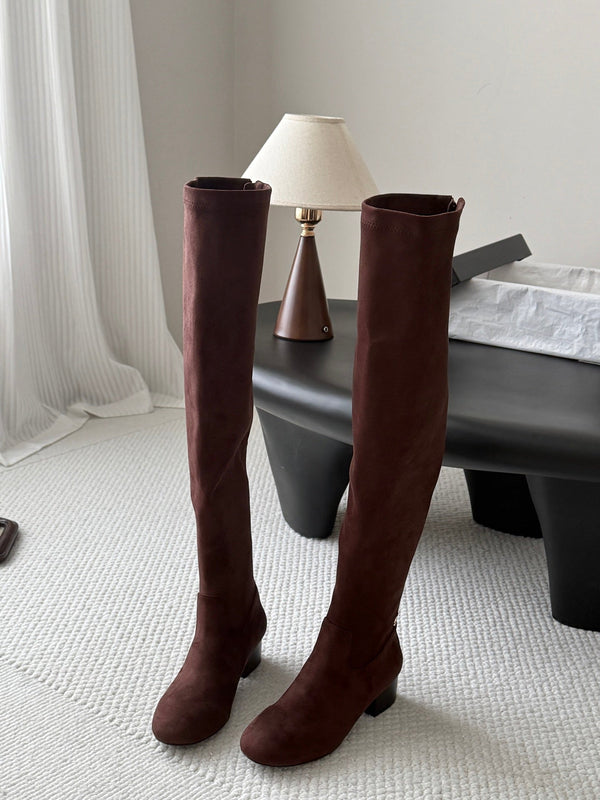 CC 26s Chunky Heel Elastic Boots 5cm Coffee Suede 969722