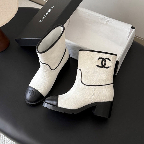 CC 26s Embroidered Logo Ankle Boots White Black Pony Hair 127786