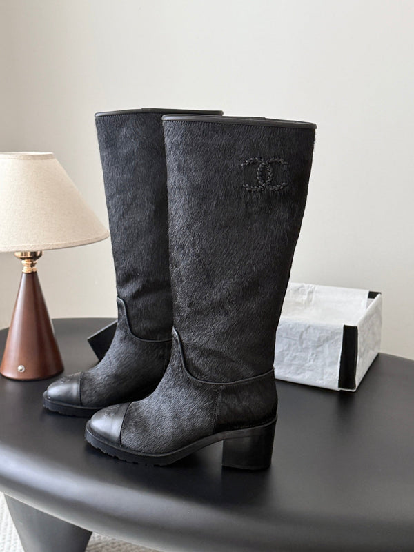 CC 26s Embroidered Logo Knee High Boots Black Pony Hair 127788