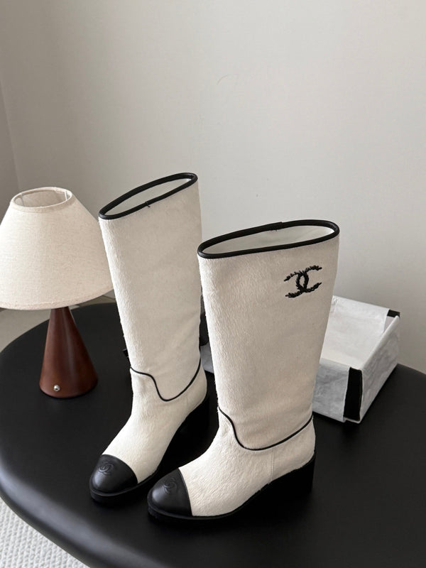 CC 26s Embroidered Logo Knee High Boots White Black Pony Hair 127790
