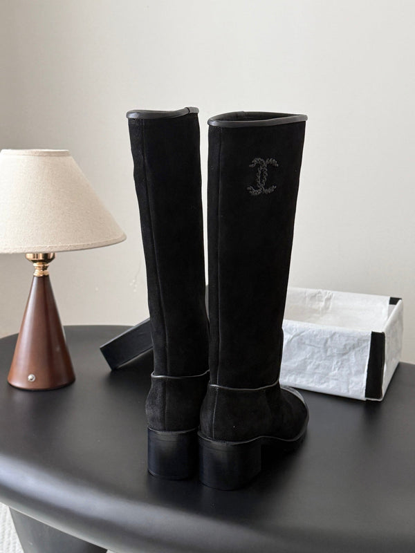 CC 26s Embroidered Logo Knee High Boots Black Suede 127791