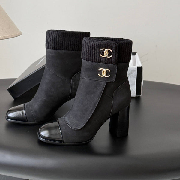 CC 26s Ankle Boots Black Knit Cuff Suede 127792