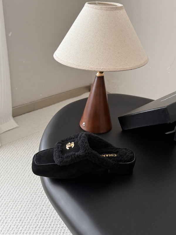 CC 26S Shearling Trim Mules Black Gold Suede 127800