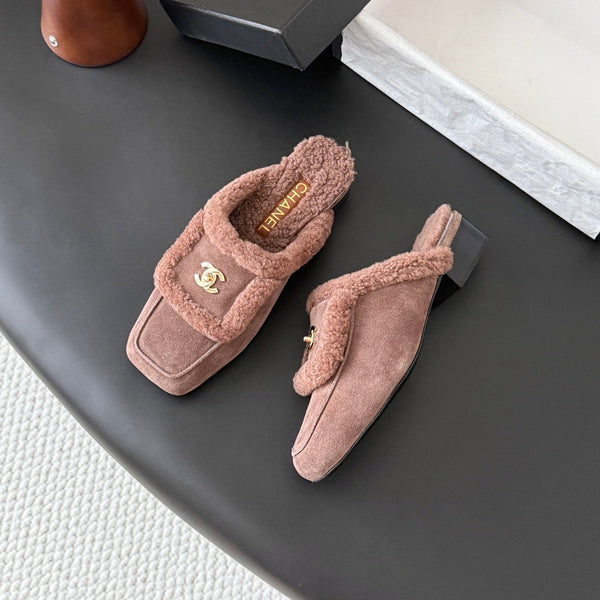 CC 26S Shearling Trim Mules Khaki Gold Suede 127802