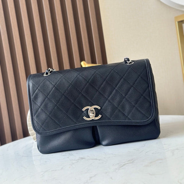 CC Double-Pocket Messenger Bag Black Lambskin Quilted