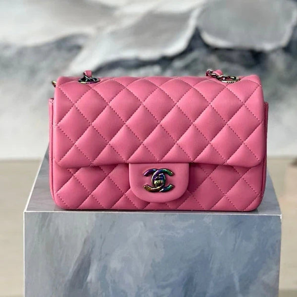 CC 26s Flap Bag 20cm Pink Quilted Leather Rainbow Buckle