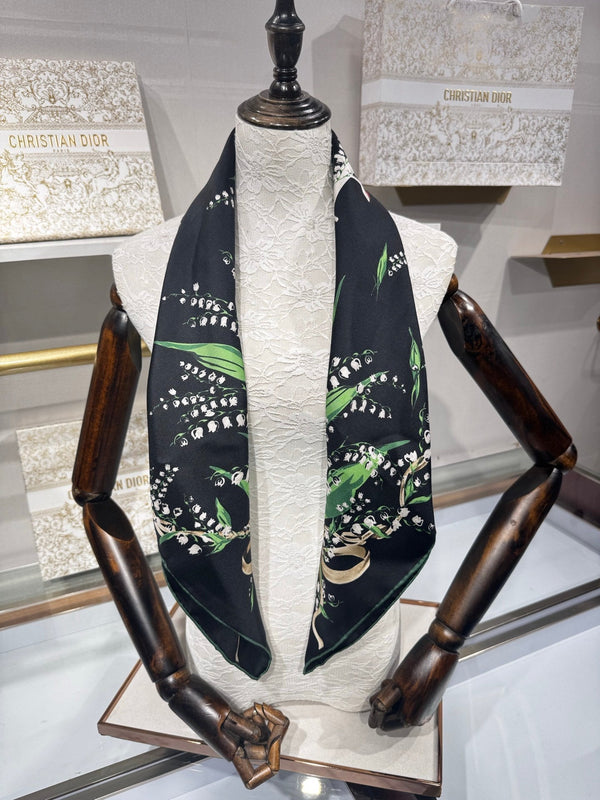 CD Lily Of The Valley Scarf 90x90cm Black Silk Twill 209861