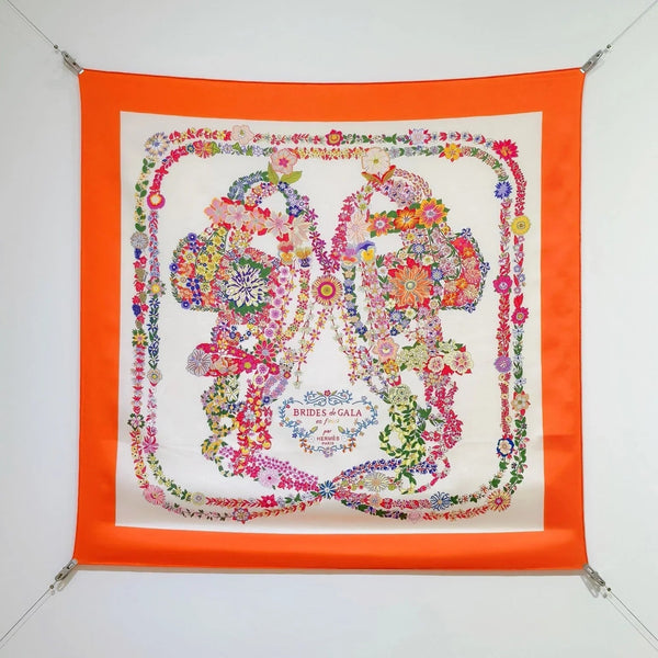 HM 26s 90 Double Sided Scarf White Orange Colorful Mulberry Silk 145756