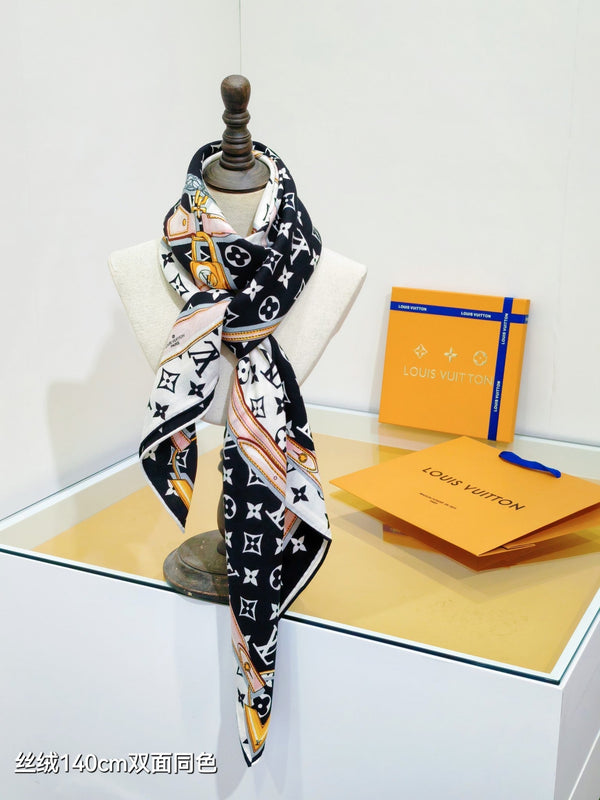 LV Double-sided Scarf 140cm Black & White Cashmere Silk 136602