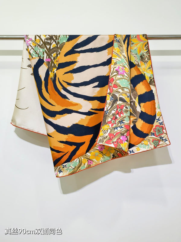 HM Tiger in Full Bloom 90 CM Light Beige Colorful Cashmere and Silk 293070
