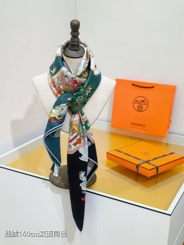 HM Double-sided Scarf 140cm Teal Green Cashmere Silk 136606
